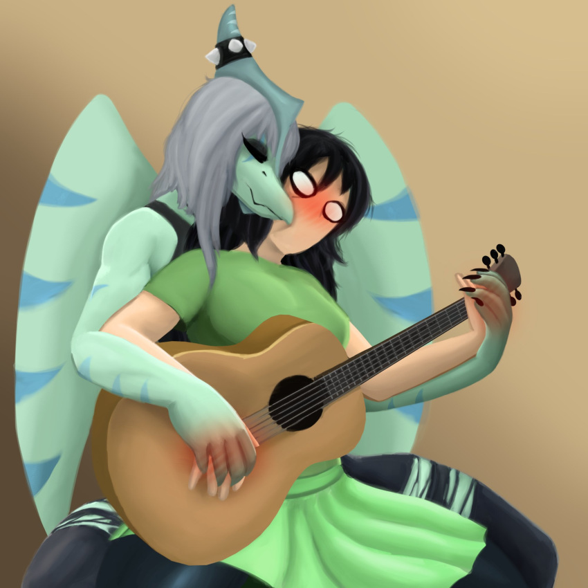 1:1 5_fingers acoustic_guitar ahoeforcoffee anon_(snoot_game) anthro black_claws black_clothing black_hair black_shirt black_topwear blue_body blue_skin blush bone_frill bottomwear breasts claws clothed clothing crossgender dinosaur dress duo eyeliner eyeshadow fang_(gvh) female female_on_anthro finger_claws fingers frill_(anatomy) ftm_crossgender goodbye_volcano_high green_clothing green_dress grey_hair guitar hair hand_blush hand_holding hand_on_hand hi_res holding_guitar human human_on_anthro interlocked_fingers interspecies larger_anthro larger_male leggings legwear makeup male male/female male_on_human mammal membrane_(anatomy) membranous_wings mtf_crossgender multicolored_body multicolored_skin musical_instrument nervous no_pupils nuzzling one_eye_closed pants plucked_string_instrument pterodactylus pterosaur reptile romantic romantic_couple scalie shirt simple_background sitting size_difference smaller_female smaller_human snoot_game snout spiked_headwear string_instrument striped_arms striped_frill striped_wings stripes tank_top topwear torn_bottomwear torn_clothing torn_pants two_tone_body two_tone_skin wide_eyed wings