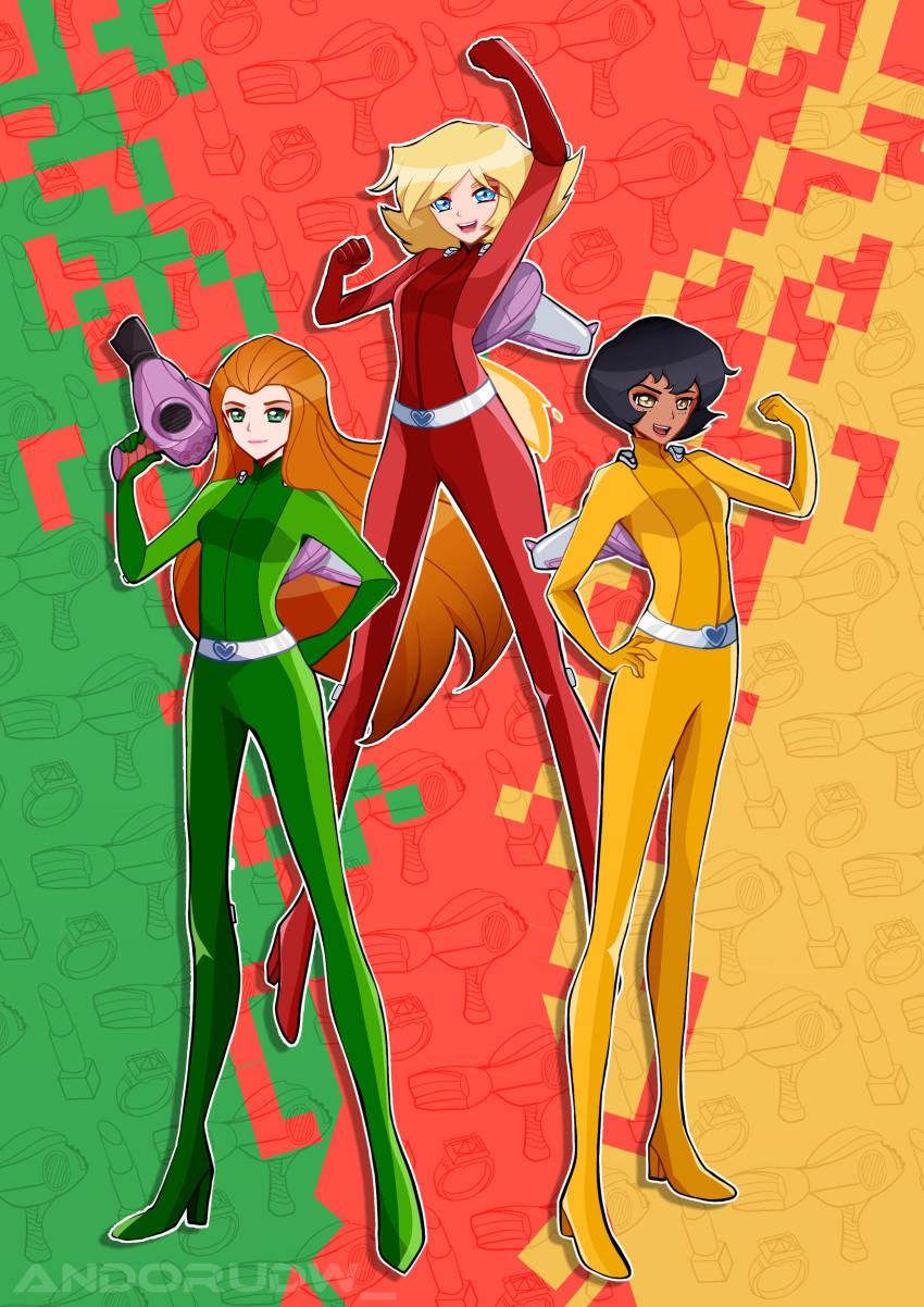 3girls absurdres alex_(totally_spies) andorudw artist_name black_hair blonde_hair blue_eyes bodysuit catsuit clover_(totally_spies) floating green_background green_bodysuit green_eyes hand_up heart high_heels highres holding holding_weapon jetpack long_hair multiple_girls orange_hair red_background red_bodysuit sam_(totally_spies) short_hair smile stiletto_heels totally_spies twitter_username weapon whoop_catsuit yellow_background yellow_bodysuit yellow_eyes