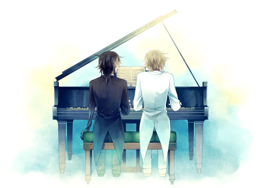 2boys amputee black_hair black_jacket black_pants blonde_hair elliot_nightray facing_away from_behind full_body instrument jacket leo_(pandora_hearts) long_sleeves male_focus medium_hair multiple_boys music pandora_hearts pants piano piano_bench playing_instrument playing_piano sheet_music short_hair side-by-side sitting tailcoat white_background white_jacket white_pants winniconan