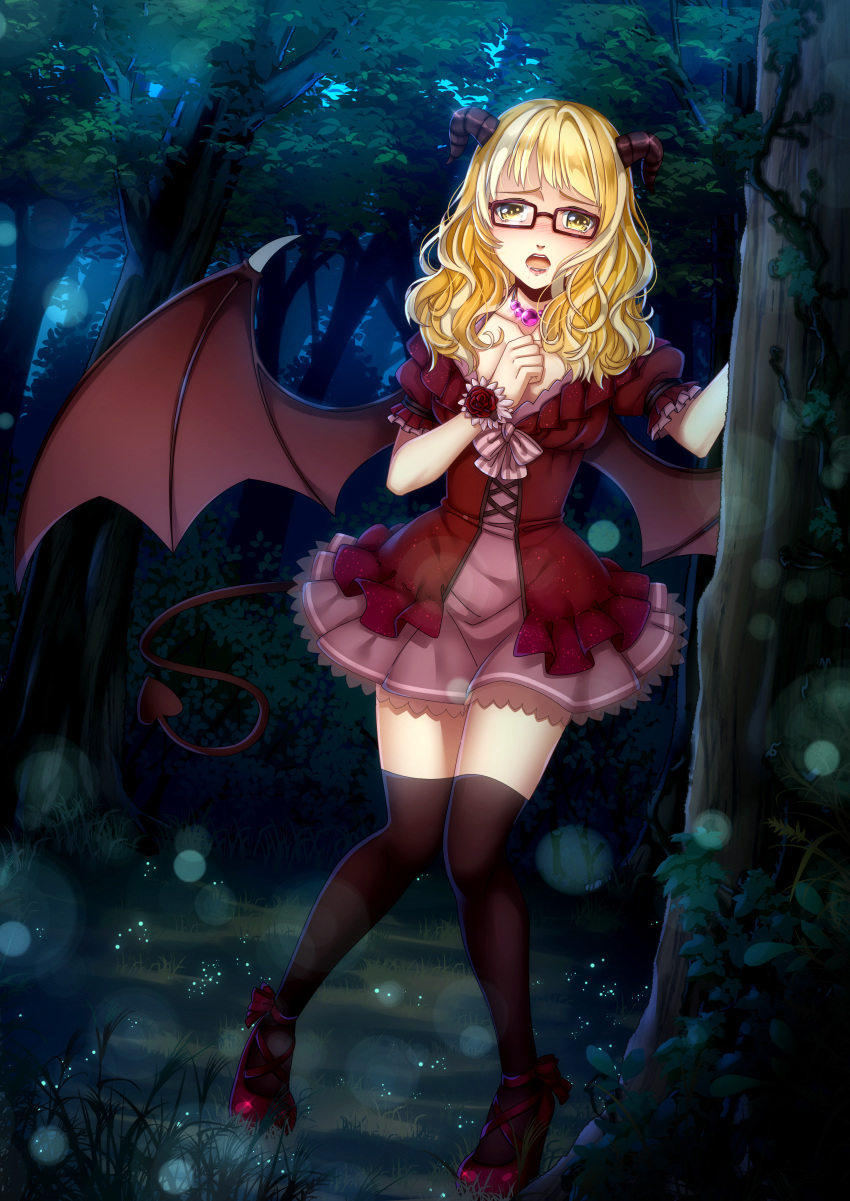 1girl absurdres bead_necklace beads black_thighhighs blonde_hair breasts brown-framed_eyewear brown_horns brown_wings commentary commission cross-laced_clothes cross-laced_dress demon_girl demon_horns demon_tail demon_wings dress dutch_angle english_commentary flower forest frilled_sleeves frills full_body glasses grass hand_on_own_chest highres horns jewelry layered_dress long_hair looking_at_viewer medium_breasts nature necklace open_mouth original outdoors pigeon-toed pink_gemstone puffy_short_sleeves puffy_sleeves rectangular_eyewear red_dress red_flower red_footwear red_rose riabels rose shoes short_bangs short_sleeves solo standing tail thighhighs tree wavy_hair wings wrist_flower yellow_eyes