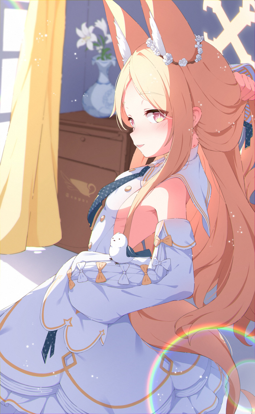 1girl absurdres anno_(yukikaze_08) backless_outfit bird blonde_hair blue_archive breasts commentary_request curtains detached_sleeves dress halo highres indoors long_hair looking_at_viewer pink_eyes revision seia_(blue_archive) slit_pupils small_breasts smile solo white_dress white_sleeves