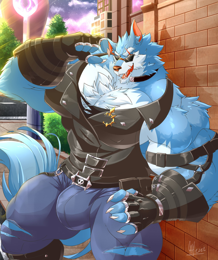 absurd_res anthro badge belt_buckle body_hair bulge canid canine canis chest_tuft clothing daikitei detailed_bulge dislyte ear_piercing ear_ring eyewear fangs fingerless_gloves freddy_(dislyte) gloves handwear hi_res looking_at_viewer male mammal muscular muscular_anthro muscular_male pecs piercing ring_piercing scar sleeveless_jacket solo sunglasses teeth torn_clothing tuft wolf yellow_eyes
