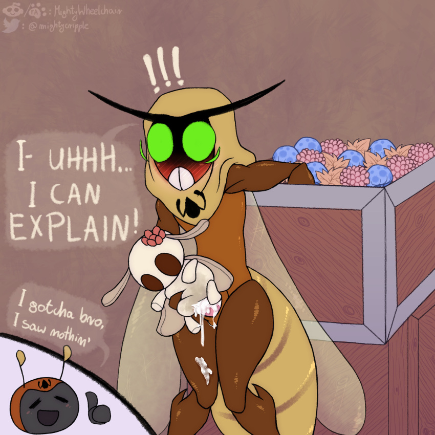 1:1 antennae_(anatomy) anthro arthropod arthropod_abdomen bandit_(bug_fables) blush blush_lines blushing_profusely bodily_fluids burglar_(bug_fables) caught caught_masturbating cricket cum duo embarrassed exclamation_point genital_fluids gesture hi_res holding_object holding_plushie hood insect insect_wings male mightywheelchair orthopterid plushie plushophilia shocked skinny slightly_muscular soaked_plushie solo_focus speech_bubble thick_thighs thumbs_up translucent translucent_wings wings