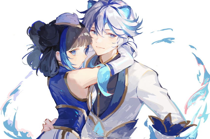 1boy 1girl animal_ears black_hair blue_eyes blue_hair ezreal formal hand_on_another's_waist highres ichisaku jacket league_of_legends long_hair lux_(league_of_legends) medium_hair multicolored_hair porcelain_ezreal porcelain_lux sketch streaked_hair suit white_hair white_jacket