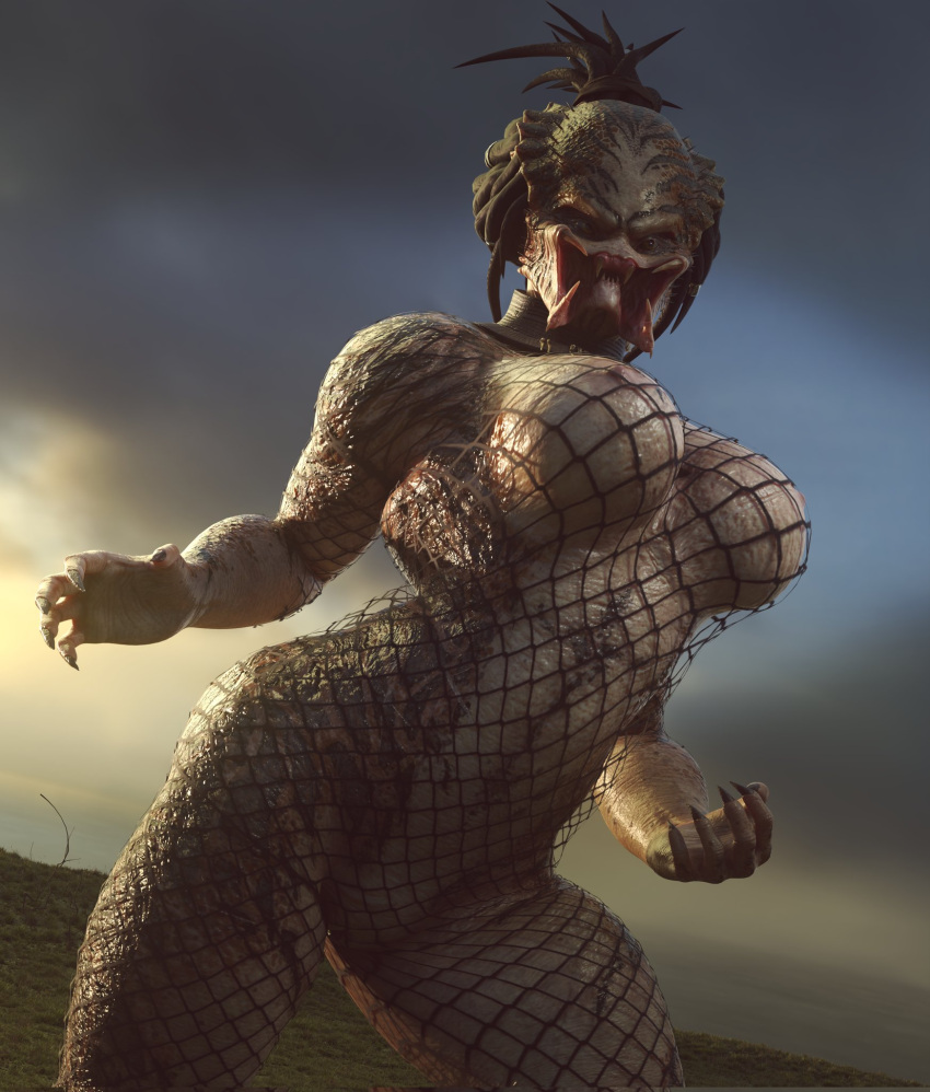2:3 3d_(artwork) alien barely_visible_genitalia barely_visible_pussy big_breasts breasts brown_body butt digital_media_(artwork) female fishnet genitals hair hi_res humanoid mammal nipples not_furry nude open_mouth pink_nipples predator_(franchise) pseudo_hair pussy solo standing tentacle_hair tentacles thick_thighs watermark xzcrystal3d yautja