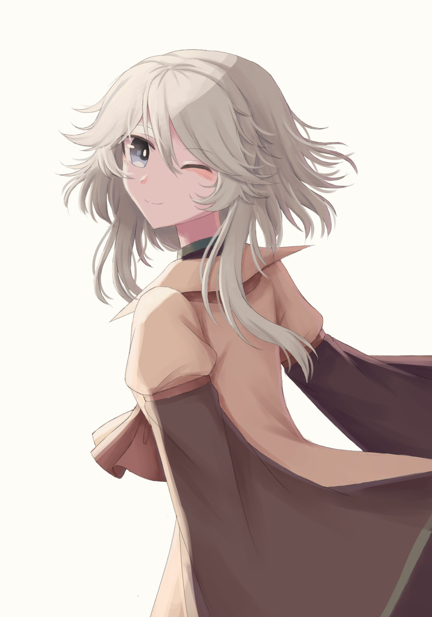 1other androgynous ascot black_sleeves bow brown_ascot brown_bow brown_coat closed_mouth coat evanescent_existence fox10991 grey_eyes grey_hair highres houlen_yabusame len'en long_sleeves one_eye_closed short_hair_with_long_locks smile white_background wide_sleeves
