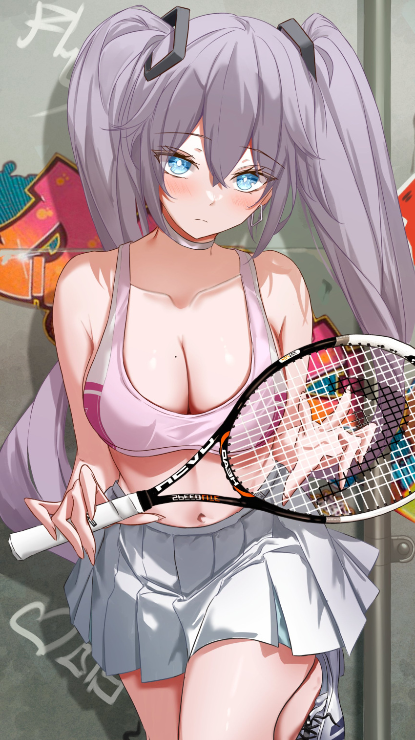 1girl absurdres alternate_costume azur_lane bare_arms bare_shoulders blue_eyes breasts bright_pupils choker cleavage closed_mouth collarbone crop_top grey_hair highres holding intrepid_(azur_lane) large_breasts leg_up long_hair looking_at_viewer midriff miniskirt mole mole_on_breast navel pleated_skirt racket shirt shoes skirt sleeveless sleeveless_shirt sneakers solo sports_bra stomach tennis_racket thighs twintails vayneeeee very_long_hair white_choker white_skirt
