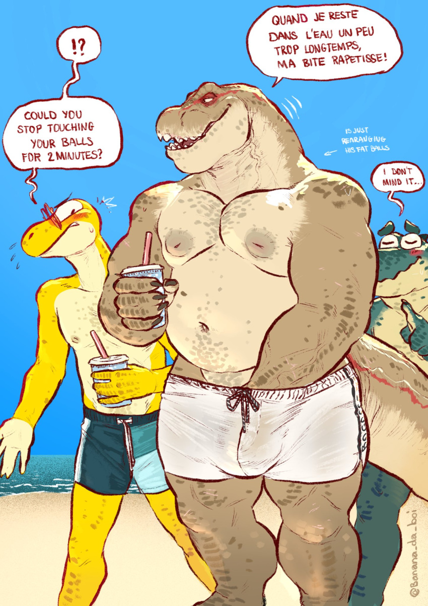 2023 5_fingers anthro banana_da_boi beach beverage blush claws clothing dan_(serex) digital_drawing_(artwork) digital_media_(artwork) dinosaur emanata english_text finger_claws fingers french_text hi_res holding_beverage holding_object louis_(serex) male muscular muscular_anthro muscular_male navel nipples outside reptile scalie sea seaside sky speech_bubble standing swimming_trunks swimwear teeth text translated water