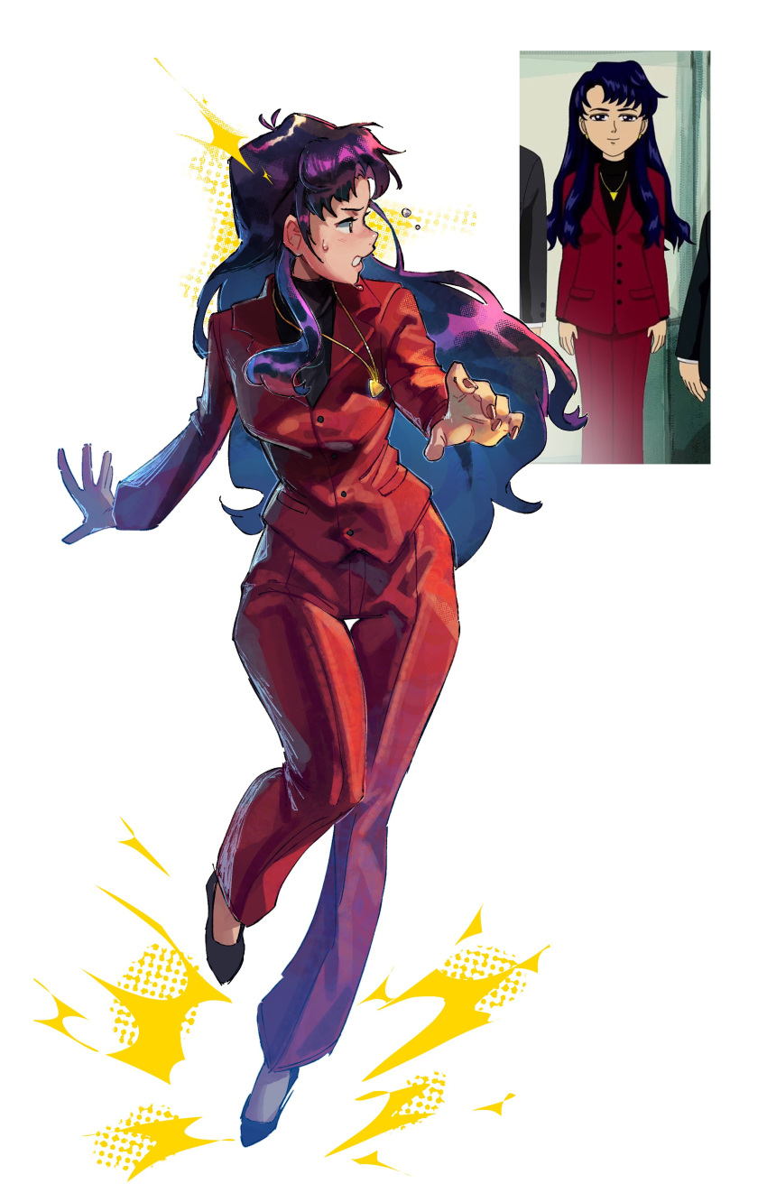 1girl absurdres barley_juice blue_hair english_commentary high_heels highres jewelry katsuragi_misato long_hair looking_back necklace neon_genesis_evangelion outstretched_hand pant_suit pants photo-referenced purple_hair red_suit reference_photo simple_background solo south_park standing suit sweatdrop white_background