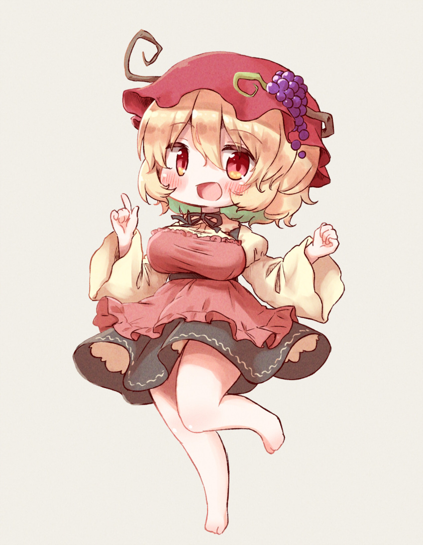 1girl aki_minoriko apron arinu barefoot black_skirt blonde_hair blush breasts fruit_hat_ornament full_body grape_hat_ornament hair_between_eyes hat hat_ornament highres large_breasts long_sleeves mob_cap open_mouth red_apron red_eyes red_headwear shirt short_hair simple_background skirt smile solo touhou white_background wide_sleeves yellow_shirt