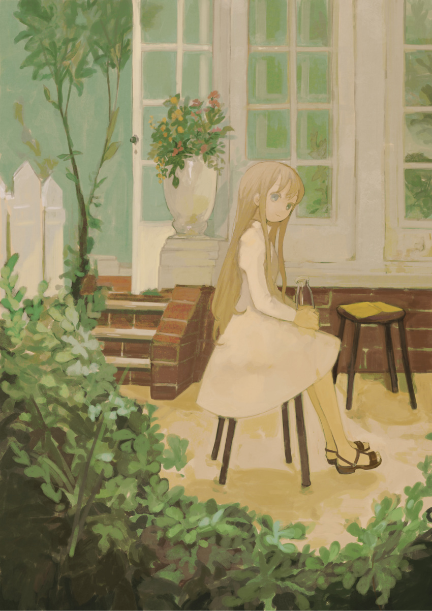 1girl absurdres blonde_hair blue_eyes bottle bush chisato_charme closed_mouth commentary_request day dress from_side greenhouse hands_on_lap highres holding holding_bottle juliet_sleeves long_hair long_sleeves looking_at_viewer looking_to_the_side milk_bottle on_stool open_door original outdoors plant potted_plant puffy_sleeves sandals sapling sidelocks sitting smile solo stool wedge_heels white_dress wide_shot