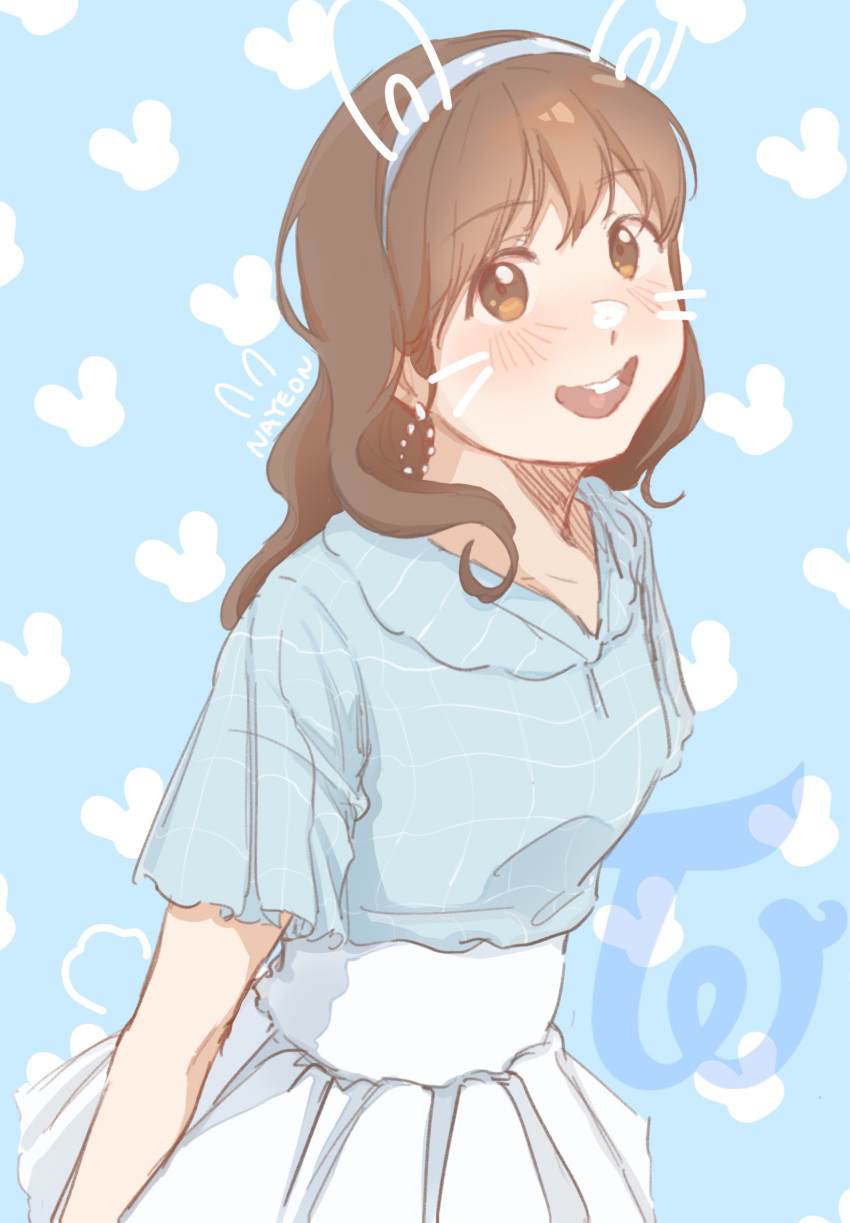 1girl animification blue_background blue_hairband blue_shirt blush brown_eyes brown_hair buck_teeth character_name collarbone drawn_ears drawn_teeth drawn_whiskers earrings hairband highres jewelry logo looking_at_viewer nayeon_(twice) open_mouth procreate_(medium) real_life shirt shirt_tucked_in smile solo teeth twice_(group) yu_jing_cao_luo