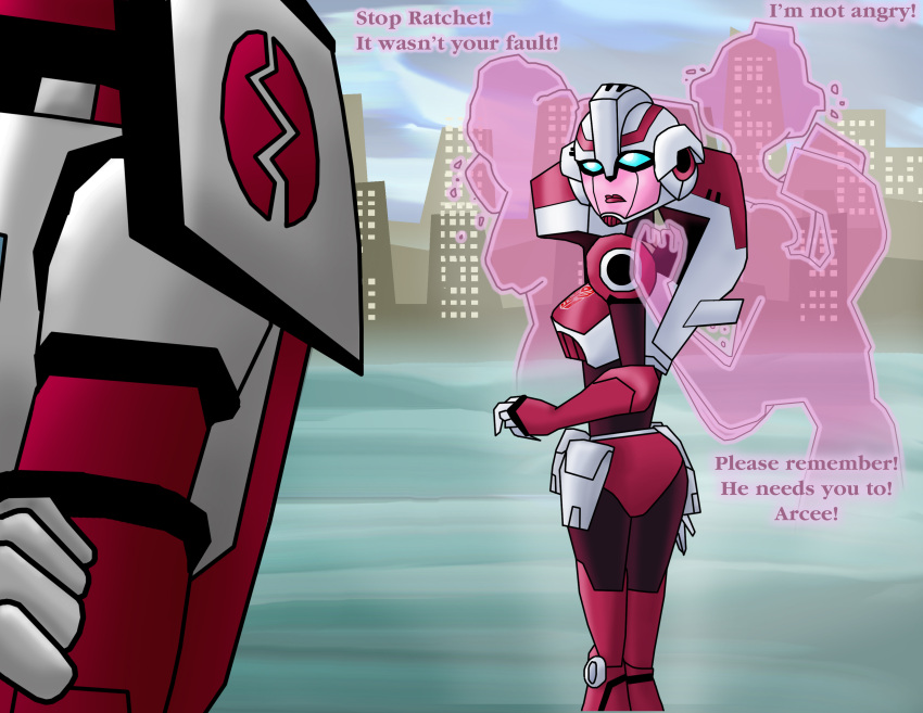 1boy 1girl absurdres arcee ass autobot backpack bag blue_eyes breasts chibininja1917 highres humanoid_robot mecha_musume medium_breasts panties pink_panties ratchet_(transformers) red_lips robot thighs toon_(style) transformers transformers_animated underwear