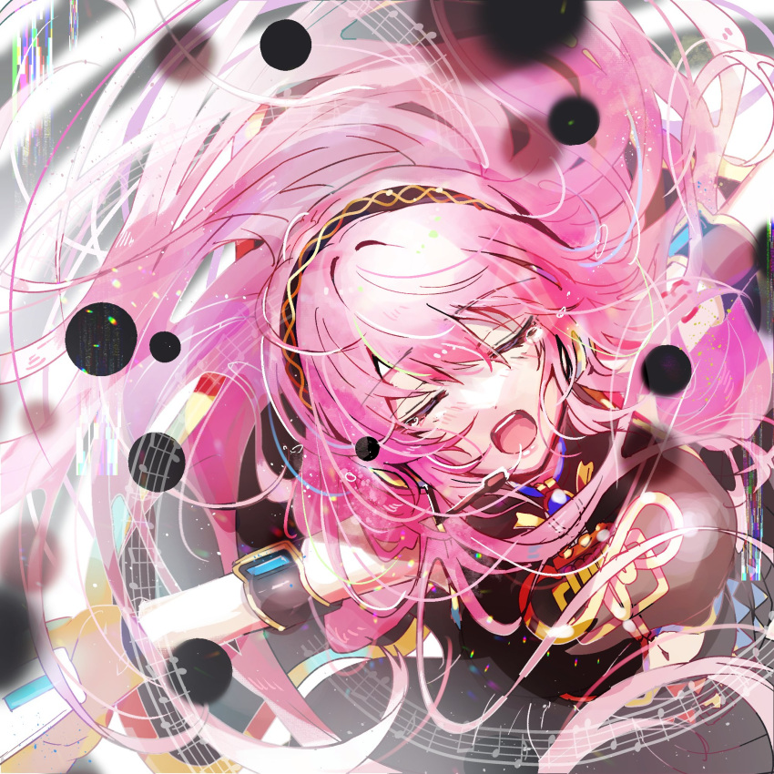 1girl closed_eyes commentary double_lariat_(vocaloid) headset highres long_hair megurine_luka open_mouth outstretched_arms pafufu pink_hair sleeveless solo spread_arms tears vocaloid