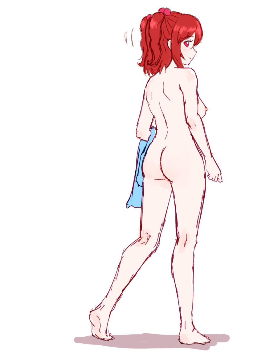 1girl absurdres ass blue_towel breasts closed_mouth completely_nude full_body hair_bobbles hair_ornament highres holding holding_towel kneepits medium_breasts motion_lines nipples nude onozuka_komachi red_eyes red_hair shadow short_hair sideways_mouth simple_background smile solo touhou towel two_side_up walking white_background zawabug