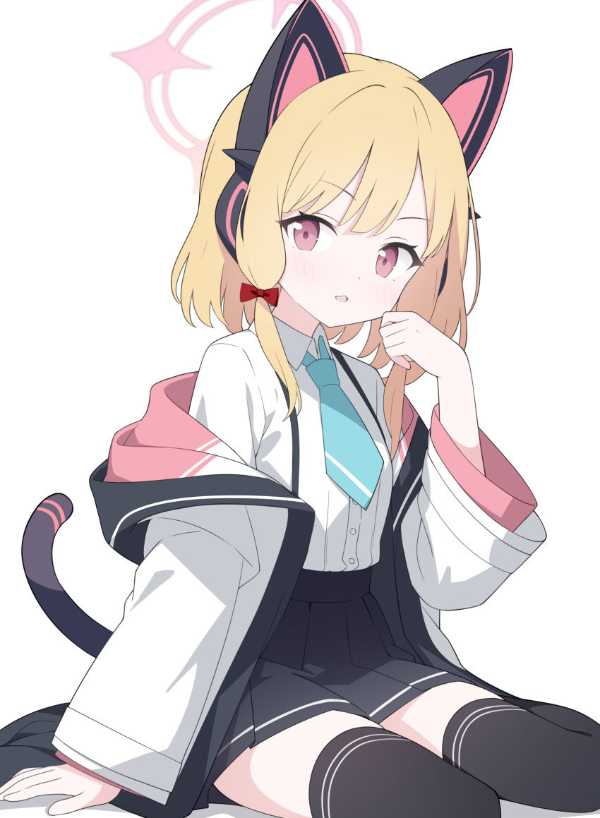 1girl absurdres animal_ear_headphones animal_ears black_skirt black_thighhighs blonde_hair blue_archive blue_necktie bow cat_tail chinese_commentary collared_shirt fake_animal_ears hair_bow halo headphones highres jacket jyt looking_at_viewer momoi_(blue_archive) necktie open_mouth pink_halo pleated_skirt red_bow red_eyes shirt short_hair simple_background skirt solo tail thighhighs two-sided_fabric two-sided_jacket white_background white_jacket white_shirt