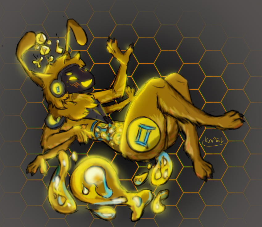 4_eyes 4_hands absurd_res ambiguous_gender anthro arthropod bee blush d-3342 digital_media_(artwork) fan_character food fur gemini_(symbol) hair hi_res honey_(food) honeycomb honeycomb_background hybrid hymenopteran insect koriel machine multi_eye multi_hand multiple_hands open_mouth protogen protogen_visor robot simple_background smile solo tail transparent_belly visor yellow_body yellow_eyes yellow_fur