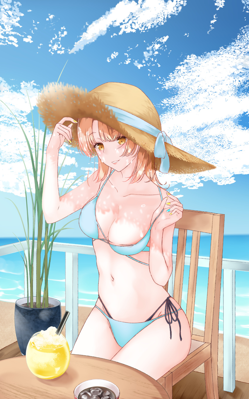 1girl absurdres beach bikini blue_bikini blue_nails blue_ribbon blue_sky breasts brown_eyes brown_hair cleavage cloud collarbone comiket_100 commentary_request dappled_sunlight drinking_straw fingernails groin hat hat_ribbon highres horizon ice isshiki_iroha long_fingernails looking_at_viewer manicure medium_breasts multicolored_nails nail_polish navel ocean plant potted_plant railing ribbon sand shore side-tie_bikini_bottom sitting skindentation sky smile solo strap_pull straw_hat sunlight swimsuit table tropical_drink yahari_ore_no_seishun_lovecome_wa_machigatteiru. yellow_nails yoka_shirakawa