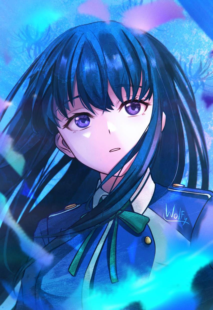 1girl absurdres aqua_ribbon blue_dress blue_theme chxoswolf collared_dress commentary dress english_commentary floating_hair flower grey_dress hair_between_eyes highres inoue_takina long_hair looking_at_viewer lycoris_recoil lycoris_uniform neck_ribbon parted_lips purple_eyes purple_hair ribbon sidelocks signature solo spider_lily upper_body