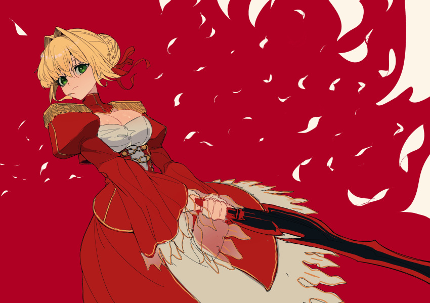 1girl absurdres blonde_hair braid breasts cleavage dress fate/extra fate_(series) green_eyes hair_bun hair_ribbon highres holding holding_sword holding_weapon kowai_(iamkowai) large_breasts looking_at_viewer nero_claudius_(fate) red_background ribbon simple_background single_hair_bun solo sword weapon white_petals