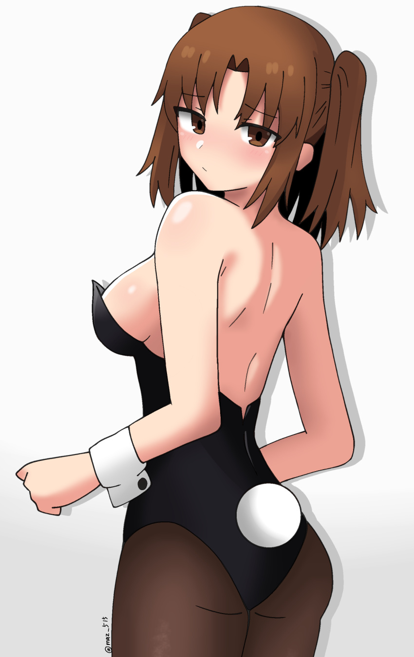 1girl absurdres alternate_costume ass back backless_leotard backless_outfit bare_shoulders black_leotard blush breasts brown_eyes brown_hair brown_pantyhose closed_mouth commentary_request fake_tail from_behind highres leotard long_hair looking_at_viewer maz_515 medium_breasts pantyhose parted_bangs partial_commentary playboy_bunny rabbit_tail simple_background solo strapless strapless_leotard tail tsukihime twitter_username two_side_up white_background wrist_cuffs yumizuka_satsuki