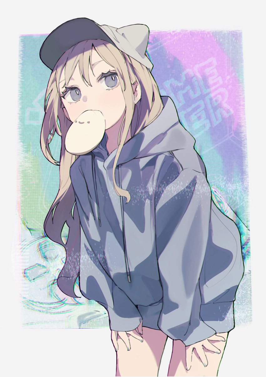 1girl absurdres blonde_hair blue_nails border bun_(food) chromatic_aberration drawstring grey_border grey_eyes grey_hoodie hat highres hood hoodie leaning_forward light_blush long_hair looking_to_the_side mouth_hold nail_polish original outside_border simple_background sleeves_past_wrists solo tokiwata_soul very_long_hair