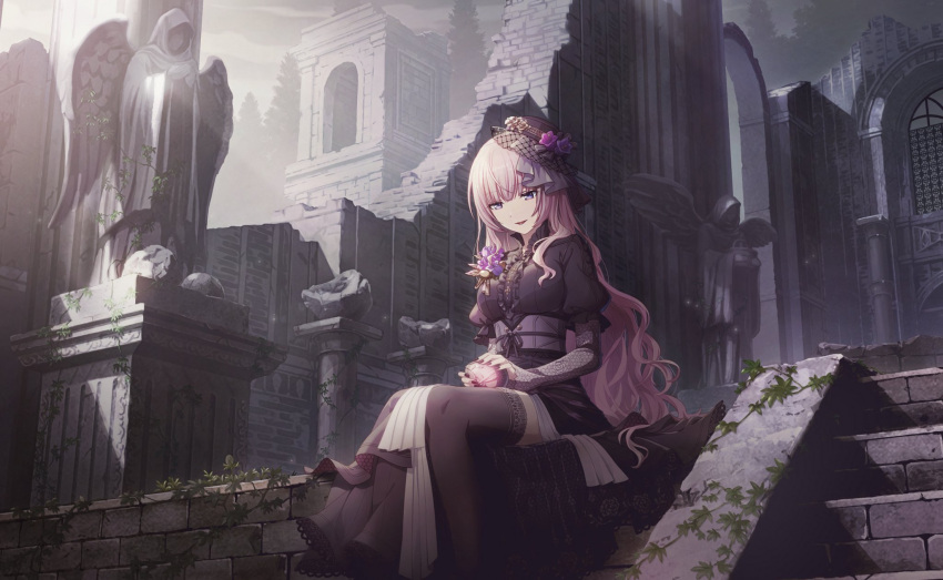 1girl abandoned angel angel_statue angel_wings arch black_dress black_headwear black_lips black_nails black_ribbon black_thighhighs blue_eyes blunt_bangs boutonniere breasts brick_wall center_frills church cloak cloud cloudy_sky colorful_festival_(project_sekai) colorful_palette column dot_nose dress evening eyelashes feet_out_of_frame fingernails floral_print flower foliage forest frilled_sleeves frills front_slit golden_rose gothic grey_sky grey_sleeves hair_over_shoulder hair_strand half-closed_eyes hands_on_lap hat hat_flower hat_ribbon high_collar highres holding honeycomb_(pattern) lace-trimmed_dress lace-trimmed_legwear lace-trimmed_thighhighs lace_trim large_breasts layered_dress layered_sleeves legs_together light_particles light_rays light_smile long_dress long_eyelashes long_hair long_sleeves looking_down megurine_luka muted_color nature official_alternate_costume official_alternate_hairstyle official_art on_floor outdoors overgrown parted_lips pillar pink_hair pink_theme pleated_dress project_sekai puffy_short_sleeves puffy_sleeves purple_flower purple_theme ribbon rose rose_print ruins short_over_long_sleeves short_sleeves sidelighting silhouette sitting sky solo spot_color stained_glass stairs statue stone_stairs sunlight tassel thighhighs third-party_source tower tree tsurime underbust veil very_long_hair victorian vocaloid wall wavy_hair wide_shot wide_sleeves wings zettai_ryouiki