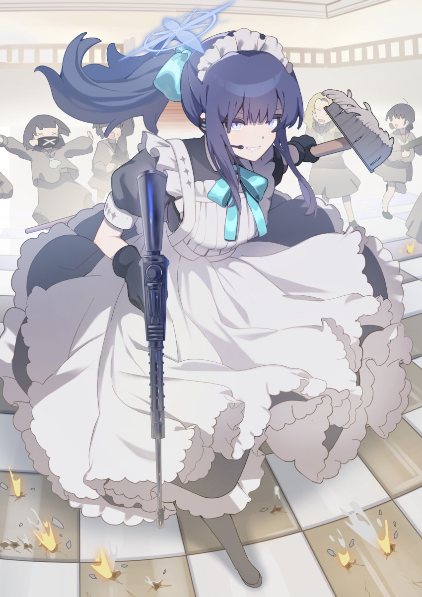 1girl alternate_costume apron black_dress black_gloves blue_archive blue_bow blue_eyes blue_hair bow bullet_hole checkered_floor dress earpiece enmaided gloves gun highres holding holding_gun holding_mop holding_weapon long_dress long_hair maid maid_apron maid_headdress mask mop mouth_mask nekomiya_iyo ponytail sailor_collar saori_(blue_archive) weapon x_x