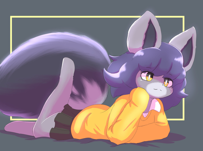 2021 absurd_res anthro black_body black_clothing black_ears black_fur black_tail clothing domestic_cat felid feline felis fur grey_body grey_ears grey_fur grey_tail hair hi_res mammal orange_clothing oreon_smol purple_hair solo tail yellow_eyes