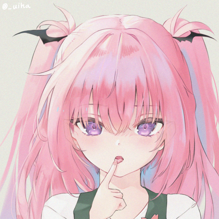 1girl blush commentary_request demon_girl demon_wings finger_to_tongue grey_background hair_between_eyes head_wings highres long_hair looking_at_viewer original pink_hair portrait purple_eyes sakyumama_(kedama_milk) sidelocks simple_background solo tongue tongue_out twintails twitter_username uiha_(user_rrdn4833) upper_body wings
