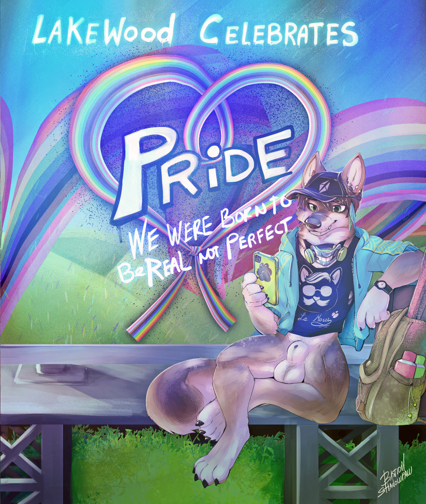 animal_genitalia animal_penis anthro bastionshadowpaw bottomless bottomless_anthro bottomless_male canid canine canis clothed clothing fully_sheathed furry genitals graffiti graffiti_on_wall hi_res lakewood lgbt_pride male mammal penis pride_(disambiguation) pride_colors sheath solo wolf