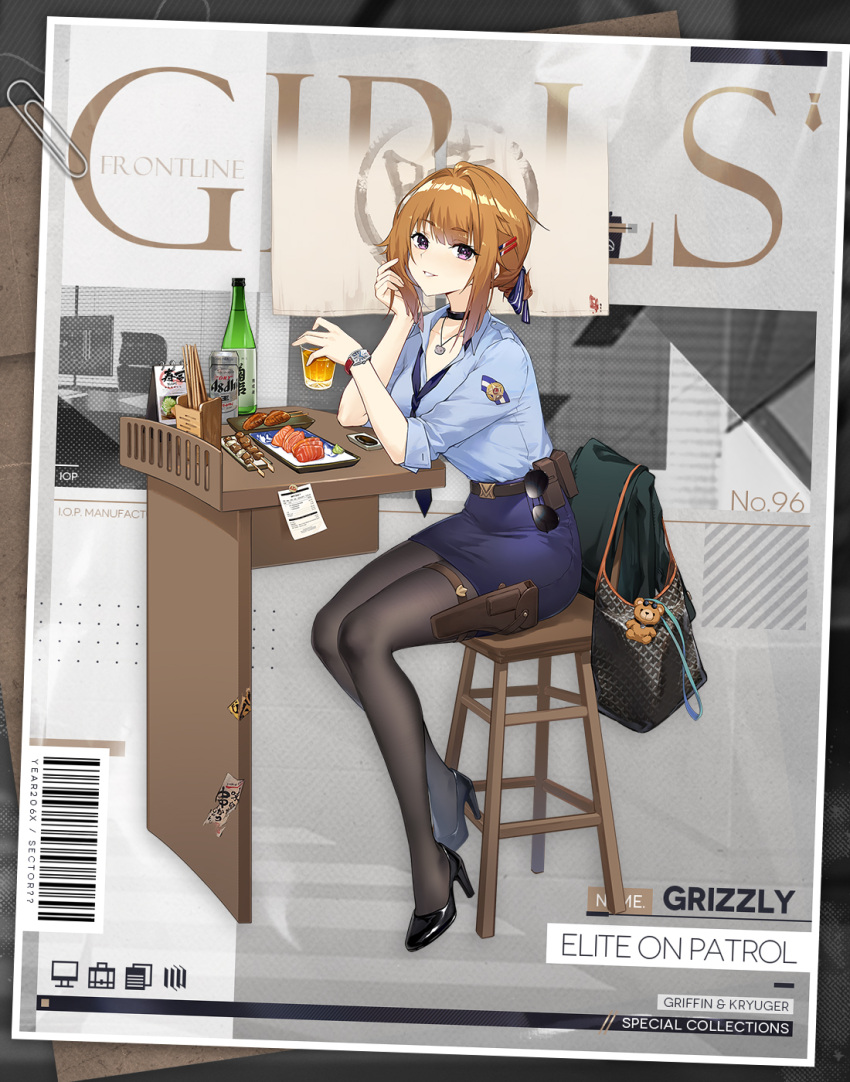 1girl adjusting_hair alcohol animal_keychain artist_request bag bar_(place) barcode beer_can belt_pouch bill_(object) black_bag black_choker black_footwear black_pantyhose blue_necktie blue_shirt blue_skirt blush bottle breasts brown_hair can cat_necklace character_name choker chopsticks collarbone commentary copyright_name cup drinking_glass elbows_on_table english_commentary food food_request full_body girls'_frontline green_jacket grizzly_mkv_(elite_on_patrol)_(girls'_frontline) grizzly_mkv_(girls'_frontline) hair_intakes hair_ornament hairclip handbag high_heels highres holding holding_cup holster izakaya jacket jacket_removed kebab large_breasts looking_at_viewer meat menu necktie official_alternate_costume official_art on_chair pantyhose paperclip parted_lips pencil_skirt police police_uniform policewoman pouch promotional_art purple_eyes sake_bottle second-party_source shirt short_hair short_sleeves shot_glass sitting skirt solo sunglasses thigh_holster uniform watch wristwatch