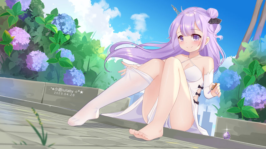 1girl ahoge artist_name azur_lane blue_sky blush breasts chinese_commentary cleavage closed_mouth cloud commentary_request criss-cross_halter dated day detached_sleeves dress feet hair_bun halter_dress halterneck highres legs long_hair medium_breasts nail_polish nail_polish_bottle nail_polish_brush no_shoes outdoors purple_eyes purple_hair purple_nails single_barefoot single_side_bun sitting sky smile solo sunlight thighhighs toes unicorn_(azur_lane) white_dress white_thighhighs xiao_shi_lullaby