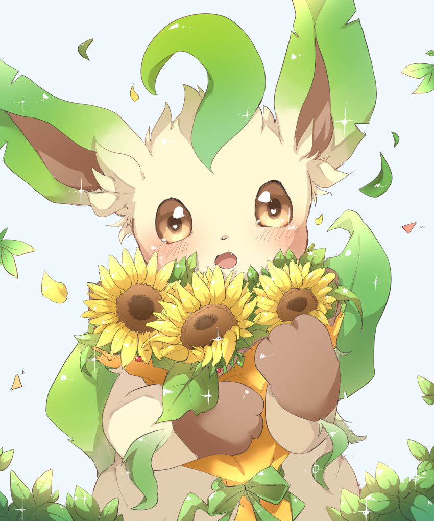 absurdres blush bouquet brown_eyes chiko_(chi_p_71) falling_leaves falling_petals flower green_ribbon highres holding holding_bouquet leaf leafeon looking_at_viewer open_mouth petals pokemon pokemon_(creature) ribbon solo sparkle sunflower