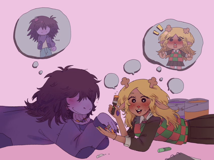 2girls animal_ears antlers aubergieine blonde_hair blue_jacket blush brown_fur brown_hair chibi deer deer_antlers deer_ears deer_girl deltarune eating highres jacket multiple_girls noelle_holiday open_mouth reptile reptile_girl reptilian school_uniform smile susie_(deltarune)