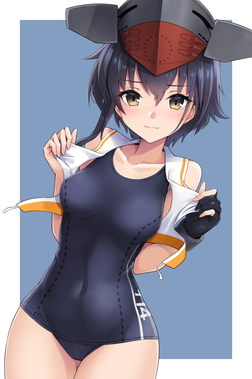 1girl asymmetrical_hair bare_legs black_gloves black_hair black_one-piece_swimsuit blush border brown_eyes closed_mouth covered_navel cowboy_shot gloves hair_between_eyes hat highres i-14_(kancolle) kantai_collection kodama_(mmt_uf) looking_at_viewer one-piece_swimsuit open_clothes open_shirt partially_fingerless_gloves shirt short_hair single_glove sleeveless sleeveless_shirt solo swimsuit swimsuit_under_clothes white_border white_shirt