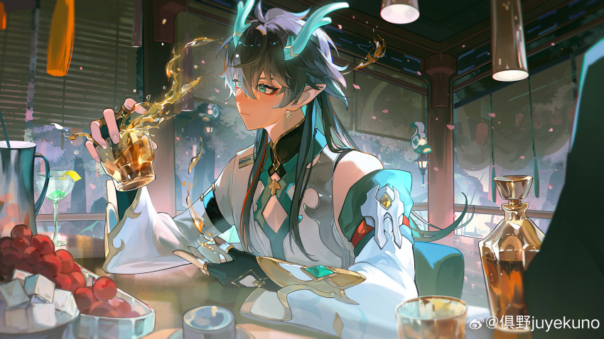 1boy absurdres alcohol bare_shoulders black_gloves black_hair chinese_clothes dan_heng_(honkai:_star_rail) dan_heng_(imbibitor_lunae)_(honkai:_star_rail) detached_sleeves dragon dragon_boy dragon_horns earrings elbow_gloves expressionless fingerless_gloves gloves green_eyes green_horns grey_shirt hair_between_eyes highres honkai:_star_rail honkai_(series) horns jewelry juyekuno long_hair long_sleeves male_focus pointy_ears red_eyeliner shirt single_earring sleeves_past_elbows solo traditional_clothes upper_body white_sleeves