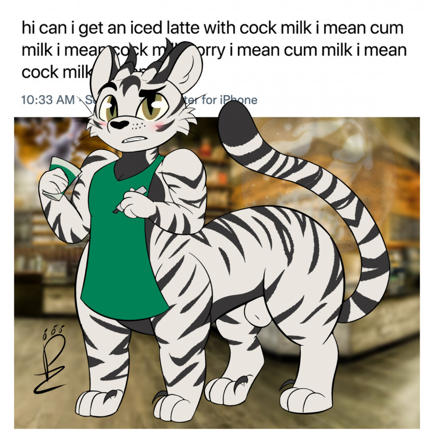 2021 adux animal_genitalia apron apron_only blurred_background blush clothing digitigrade dipstick_tail english_text felid felid_taur fur genitals hi_res holding_object i_mean_breast_milk male mammal mammal_taur markings meme pantherine pantherine_taur pawzzypawzbourne photo_background photography_(artwork) quadruped sheath signature solo standing striped_body striped_fur stripes tail tail_markings taur text tiger tiger_taur white_body white_fur