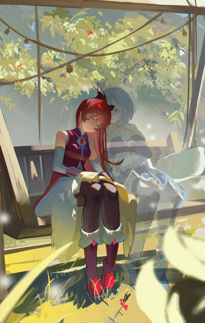 2girls absurdres black_ribbon blue_eyes blue_hair dongzhi10223 dress ghost grass highres mahou_shoujo_madoka_magica miki_sayaka multiple_girls red_hair ribbon sakura_kyouko sitting soul_gem transparent