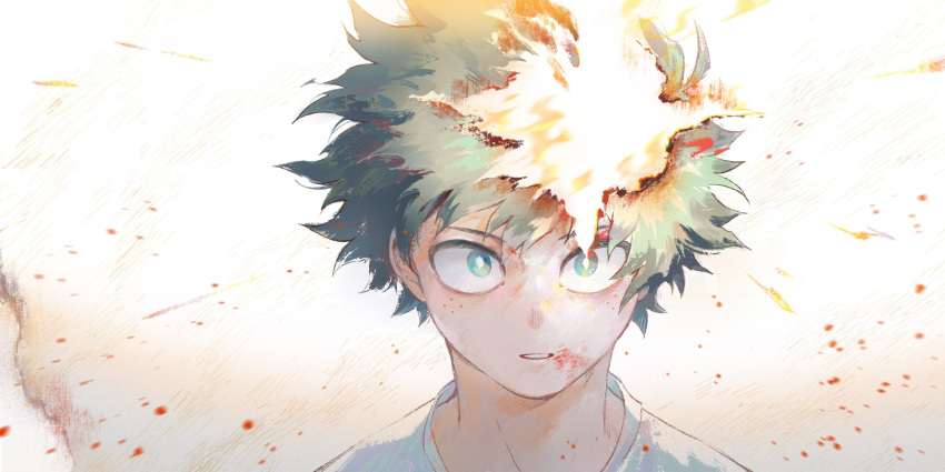 absurdres blood blood_on_face blurry blurry_foreground boku_no_hero_academia bright_pupils dried_blood film_grain freckles green_eyes green_hair hair_between_eyes highres looking_at_viewer male_focus midoriya_izuku parted_lips portrait rika_(rika_ktdk) shirt short_hair straight-on v-shaped_eyebrows white_background white_pupils