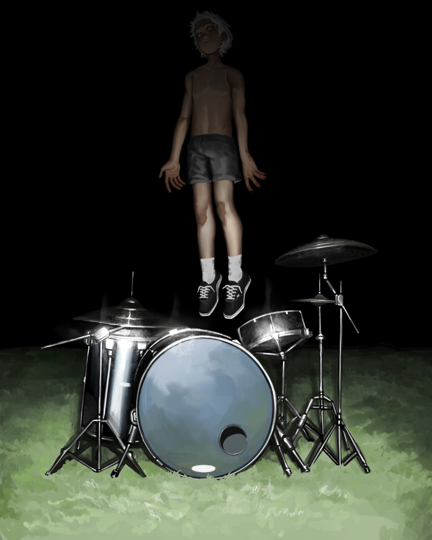 1boy absurdres bass_guitar black_background black_footwear black_shorts blank_eyes commentary cymbals drum drum_set english_commentary floating grass highres horror_(theme) instrument navel nipples original outdoors shoes short_hair shorts socks solo tofuneers topless_male white_hair