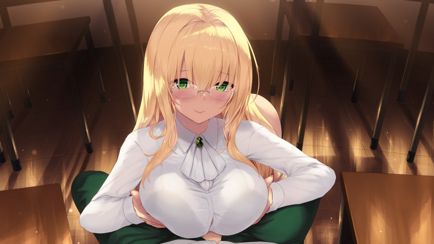 1boy 1girl ascot blonde_hair blush breasts cait_aron classroom closed_mouth commentary_request desk glasses green_eyes hair_between_eyes hetero highres large_breasts long_hair long_sleeves paizuri paizuri_under_clothes pov pov_crotch school_desk see-through see-through_shirt shirt smile tearju_lunatique to_love-ru to_love-ru_darkness white_ascot white_shirt