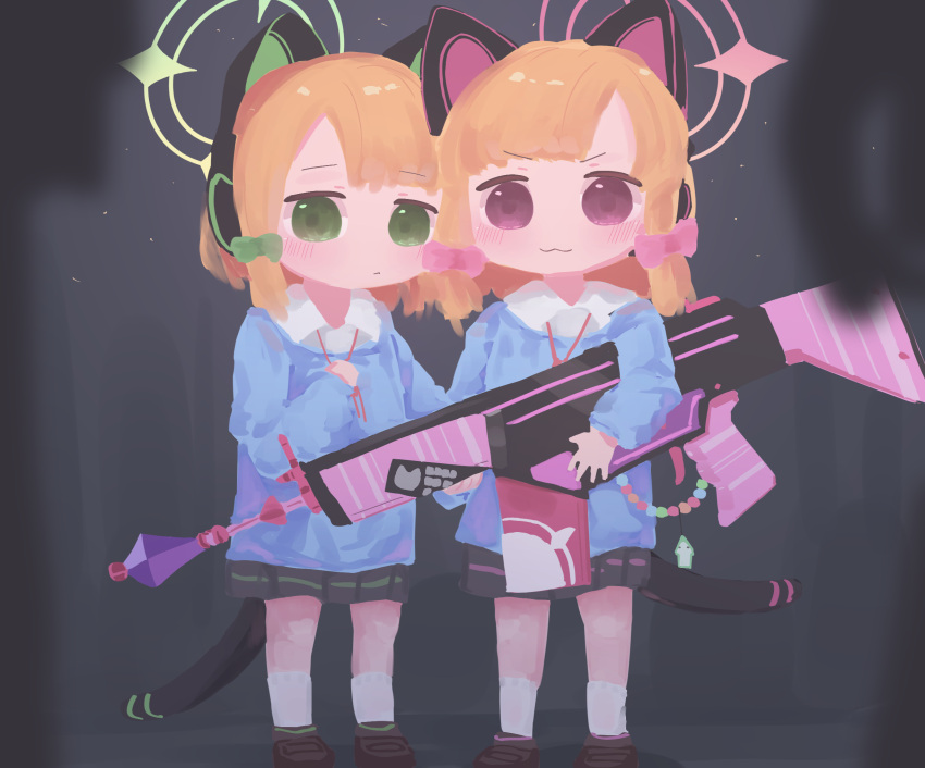 2girls aged_down animal_ears battle_rifle black_skirt blonde_hair blue_archive blue_shirt blush brown_footwear cat_ears cat_tail closed_mouth commentary fake_animal_ears fake_tail female_child green_eyes green_halo gun h&amp;k_g3 highres holding holding_weapon kindergarten_uniform long_sleeves middletwo midori_(blue_archive) momoi_(blue_archive) multiple_girls neck_ribbon pink_halo pleated_skirt purple_eyes ribbon rifle shirt short_hair skirt socks tail wavy_mouth weapon white_socks