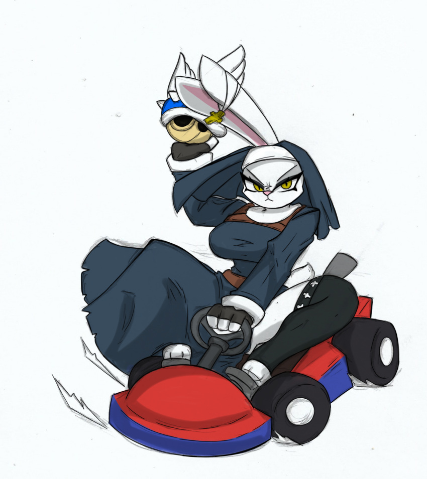 anthro big_breasts blue_shell breasts female hi_res kart lagomorph leporid mammal nun nun_bun_with_guns nun_outfit pace-maker rabbit shell small_waist solo thick_thighs vehicle