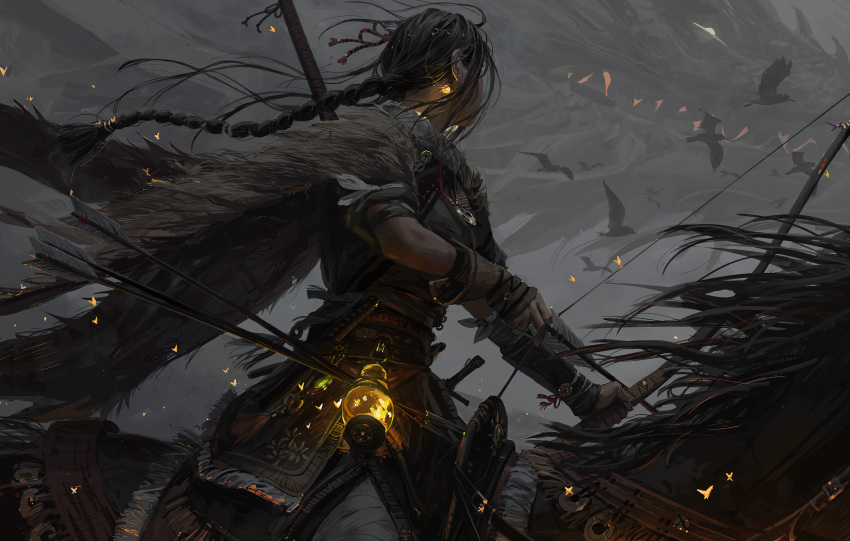 1girl animal arrow_(projectile) bandaged_leg bandages bird black_hair bow_(weapon) braid cape commentary dragon earrings facing_away fur_cape glowing glowing_earrings guweiz highres holding holding_arrow holding_bow_(weapon) holding_weapon horseback_archery horseback_riding jewelry lantern long_hair original riding single_braid sitting solo symbol-only_commentary very_long_hair weapon