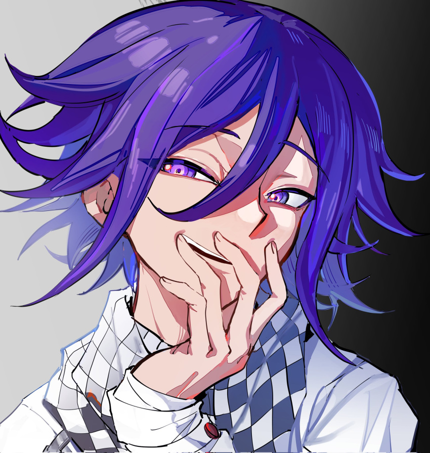 1boy :d checkered_clothes checkered_scarf danganronpa_(series) danganronpa_v3:_killing_harmony flipped_hair gradient_background grey_background hair_between_eyes hand_up highres jacket long_sleeves male_focus multicolored_hair oma_kokichi pink_eyes pink_hair portrait purple_hair scarf smile solo teeth two-tone_hair white_jacket zai_ya