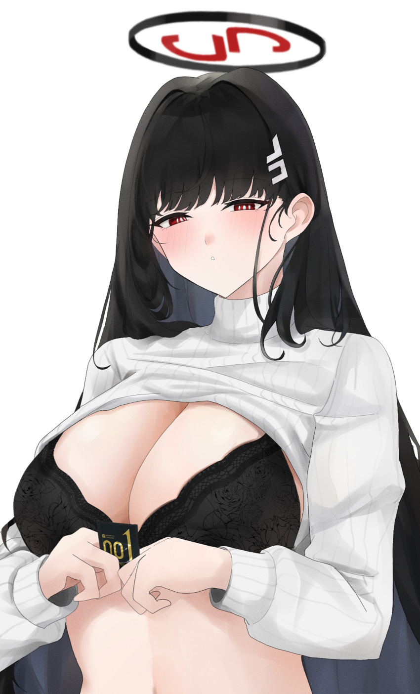 1girl black_bra black_hair blue_archive blush bra breasts cleavage clothes_lift condom condom_wrapper fte_(fifteen_199) hair_ornament hairclip halo highres holding holding_condom large_breasts long_hair parted_lips red_eyes rio_(blue_archive) simple_background solo sweater sweater_lift turtleneck turtleneck_sweater underwear upper_body very_long_hair white_background white_sweater