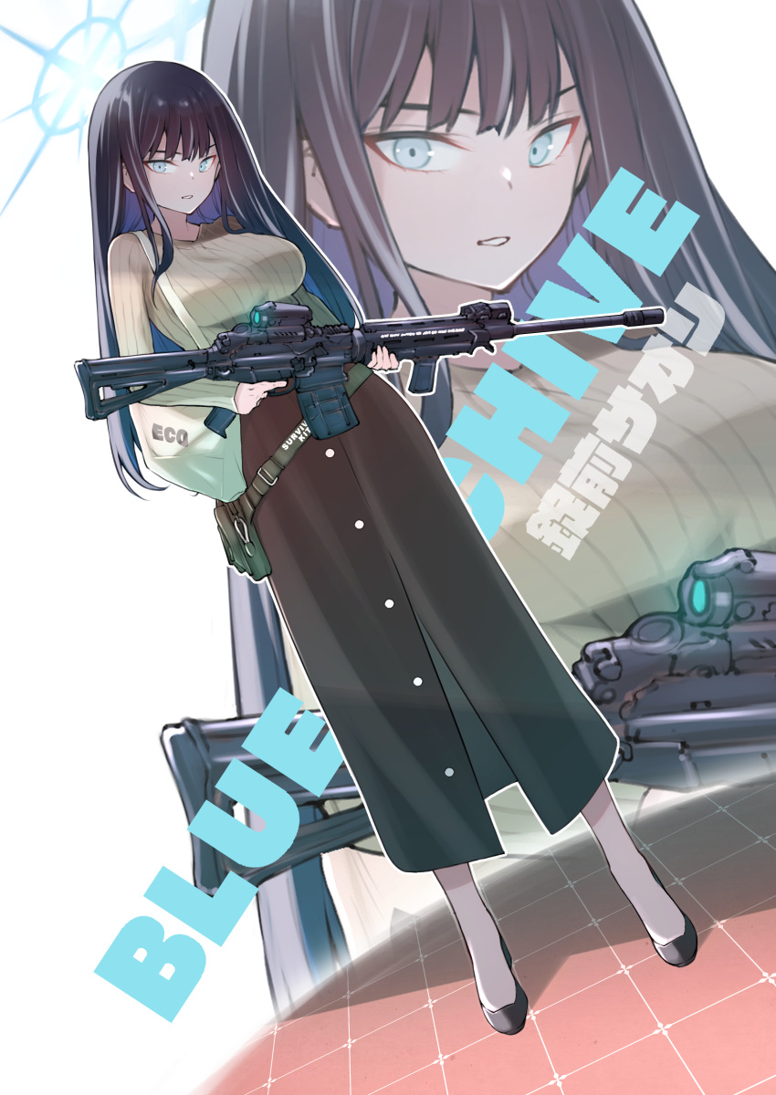 1girl absurdres black_footwear black_hair blue_archive blue_eyes blue_halo breasts brown_skirt character_name full_body grey_sweater gun halo highres holding holding_gun holding_weapon kojima_takeshi large_breasts long_hair long_sleeves looking_at_viewer open_mouth pantyhose ribbed_sweater saori_(blue_archive) shoes skirt solo standing sweater weapon white_pantyhose zoom_layer