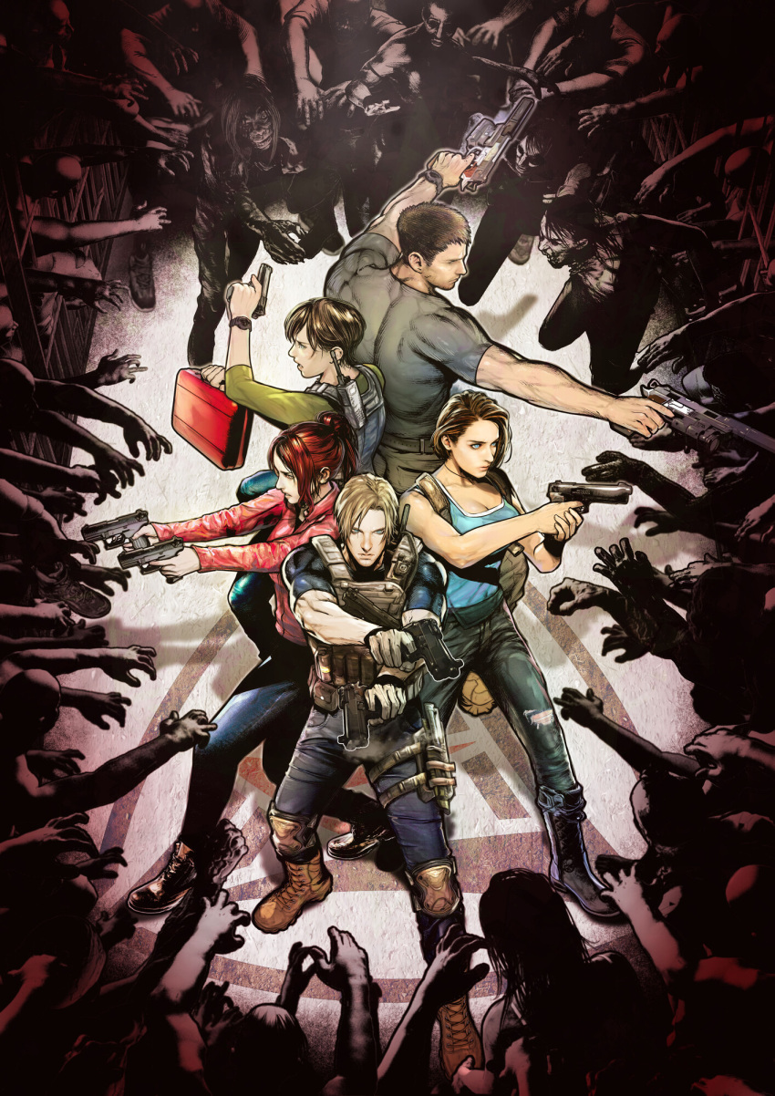 2boys 3girls aiming bag black_footwear blue_eyes blue_pants blue_sleeves blue_tank_top boots breasts brown_footwear brown_hair bulletproof_vest chris_redfield claire_redfield cleavage closed_mouth collarbone cover dual_wielding gloves green_sleeves gun handgun high_ponytail highres holding holding_bag holding_weapon holster jacket jewelry jill_valentine leon_s._kennedy multiple_boys multiple_girls muscular muscular_male necklace official_art open_mouth pants parted_lips ponytail rebecca_chambers red_bag red_hair red_jacket red_sleeves resident_evil resident_evil:_death_island samurai_edge short_hair standing surrounded tank_top thigh_holster torn_clothes v-shaped_eyebrows walkie-talkie watch weapon wristwatch zombie