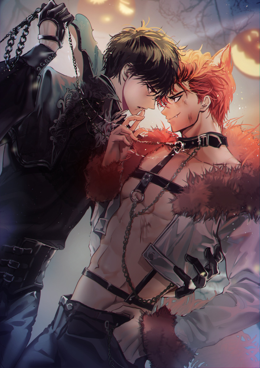 2boys abs absurdres animal_ears bare_pectorals bishounen black_capelet black_choker black_collar black_eyes black_gloves black_hair black_pants black_shirt blood_on_mouth capelet chain chest_harness choker collar couple cowboy_shot cropped_jacket eye_contact face-to-face fang fang_out fox_boy fox_ears fox_tail fur-trimmed_jacket fur_trim gloves hand_in_pocket hand_on_another's_face hand_on_another's_waist harness highres holding holding_leash jacket kemonomimi_mode leash long_sleeves looking_at_another male_focus multiple_boys navel nomimono_rh pants pectorals red_hair rukawa_kaede sakuragi_hanamichi scratches shirt short_hair slam_dunk_(series) smile tail toned toned_male white_jacket yaoi